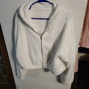 WOMANS WHITE FLEECE CROPPED ZIPPER HOODIE SZ 2XL